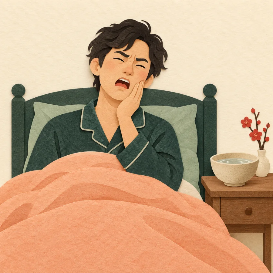 A person lies in bed clutching their cheek in pain