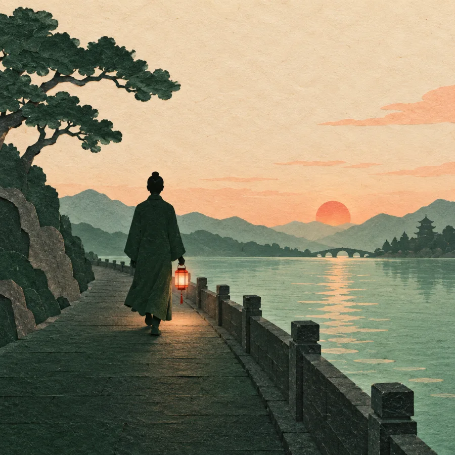 A dark silhouette walks along an embankment at dusk