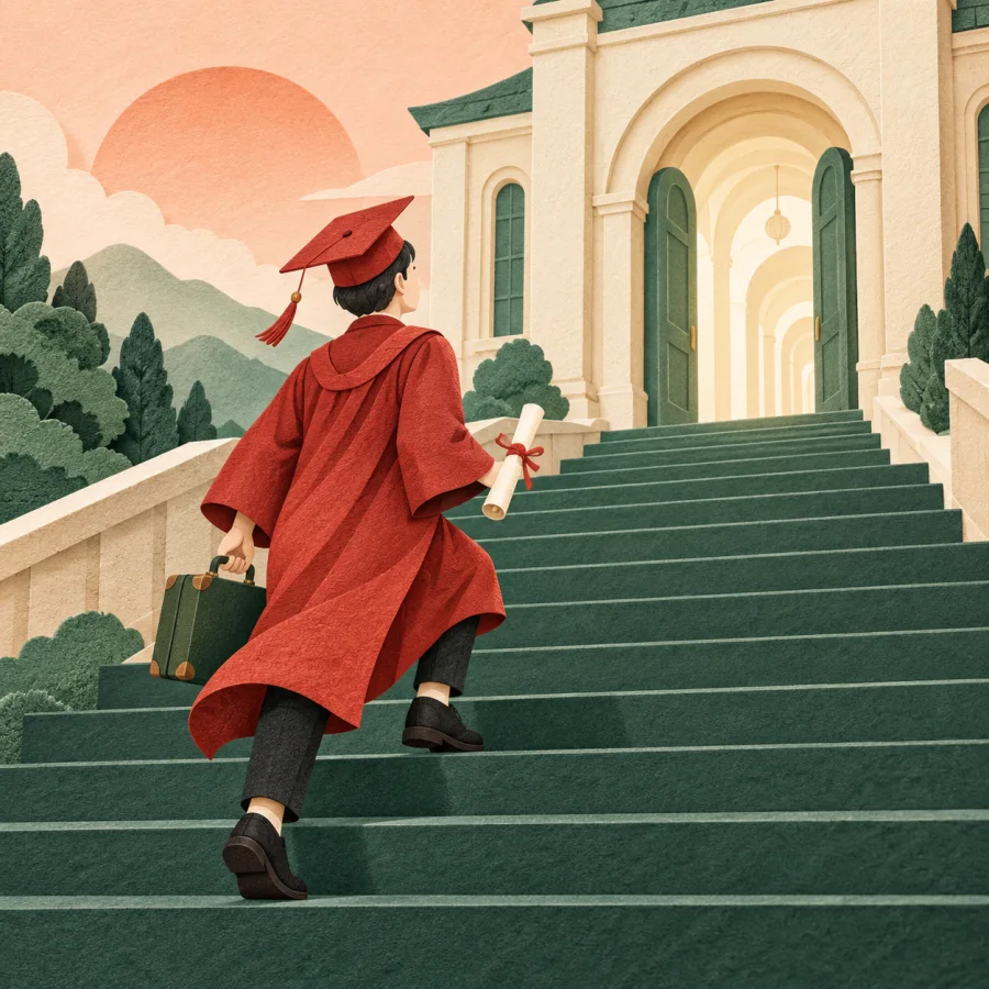 A graduate climbs stairs toward a university building with a suitcase