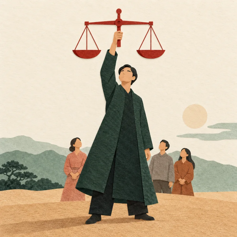 A figure holds up a balance scale before a small crowd