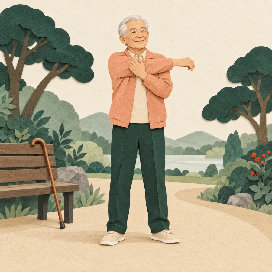 An elderly person does gentle stretches on a walk with a cane nearby