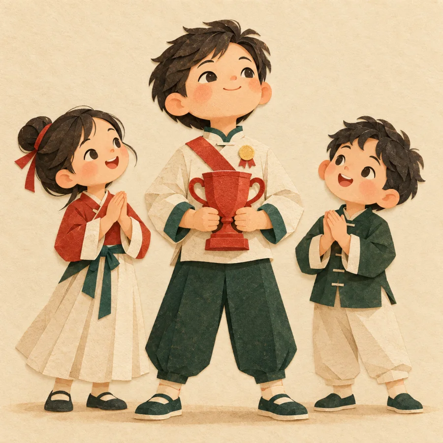 A proud child holds a small trophy with chin lifted high