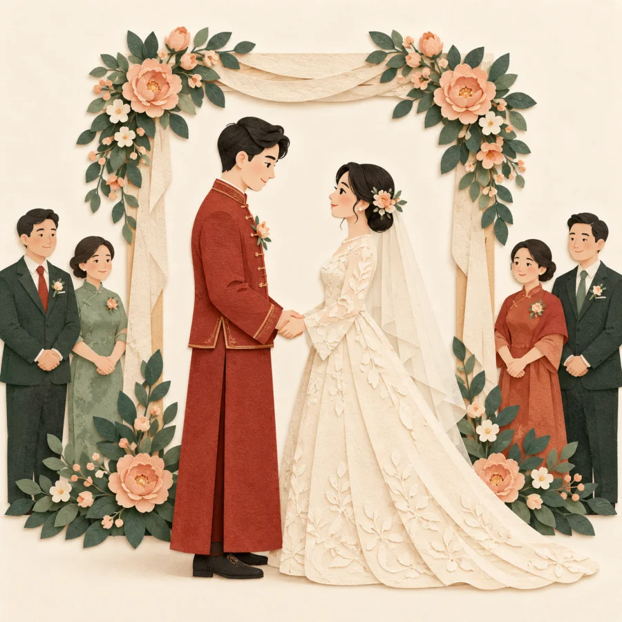 A couple holds hands beneath a simple wedding arch