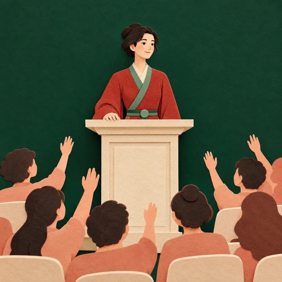 A person keeps a calm expression at a podium