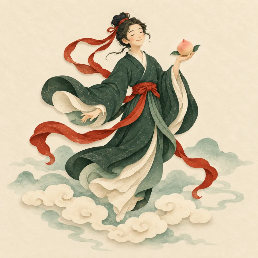 A figure in a red robe floats among clouds