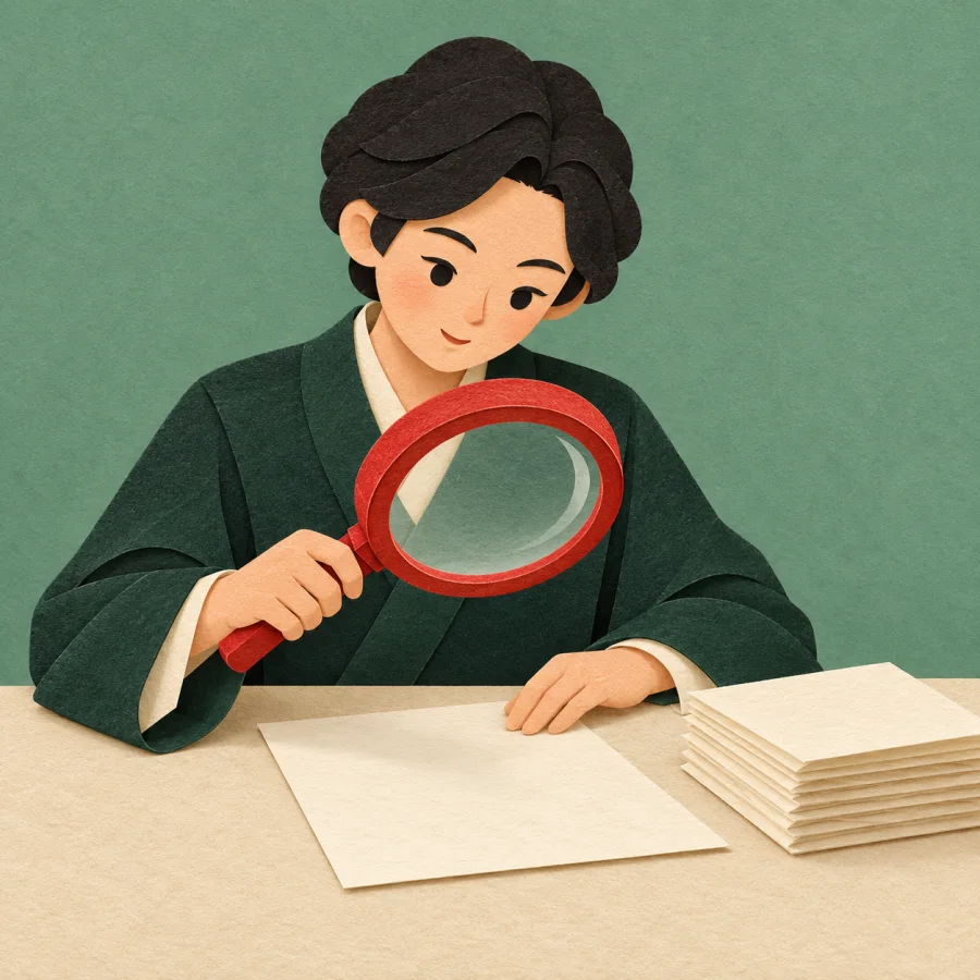 An expert studies a document with a magnifying glass