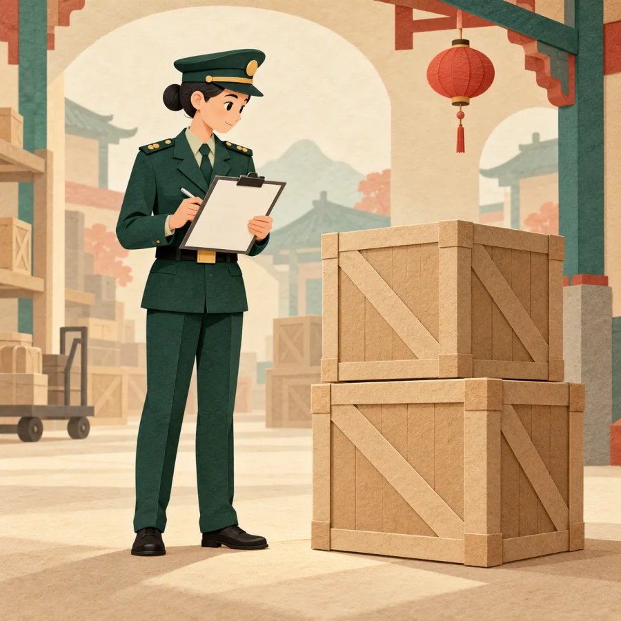 An inspector checks rows of goods crates