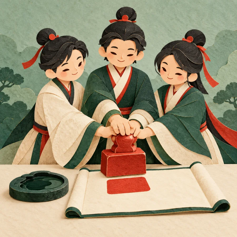 A committee stamps a document with a large red seal