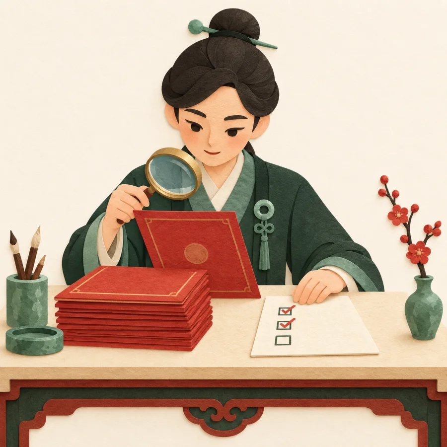 A clerk carefully examines a stack of documents through a magnifying glass