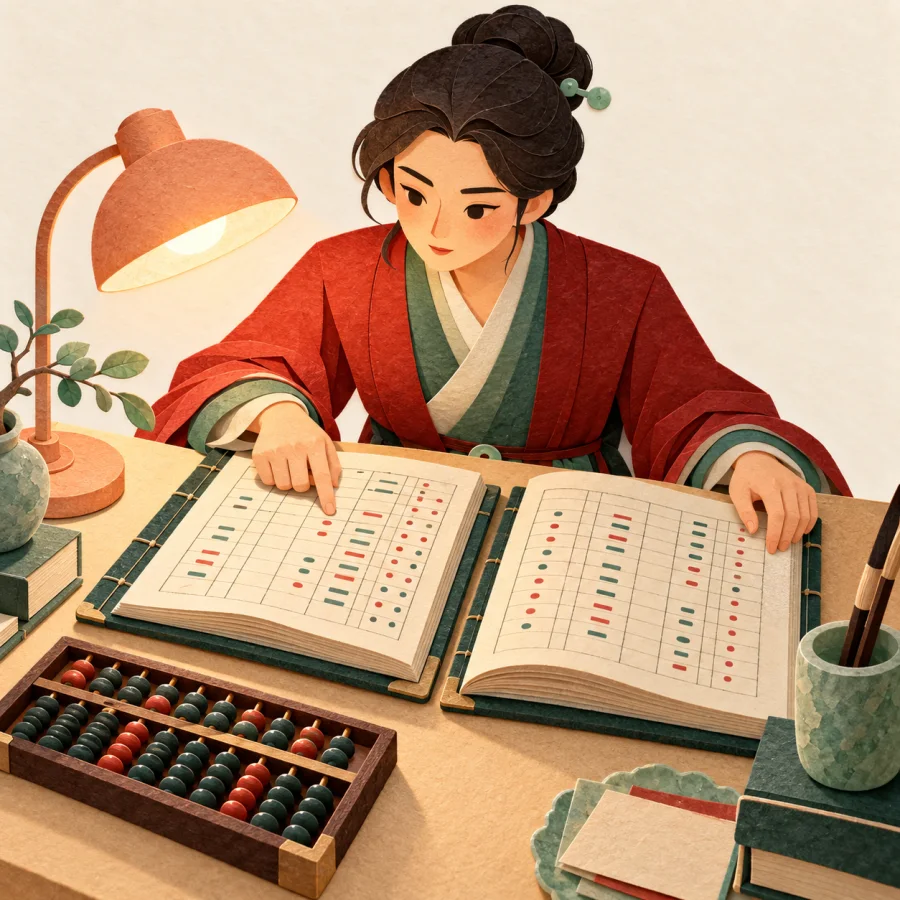 An auditor with a lamp studies tall stacks of accounting ledgers