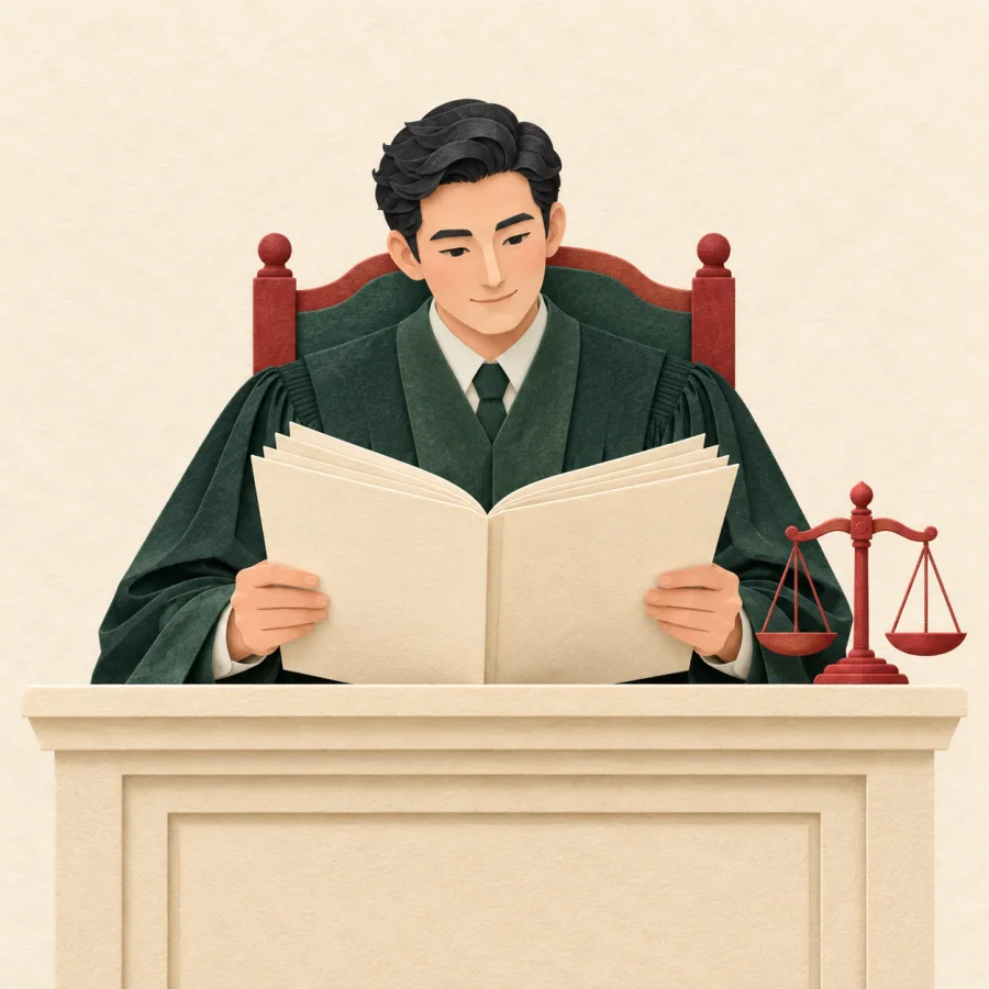A judge in a robe studies case documents beside a set of scales