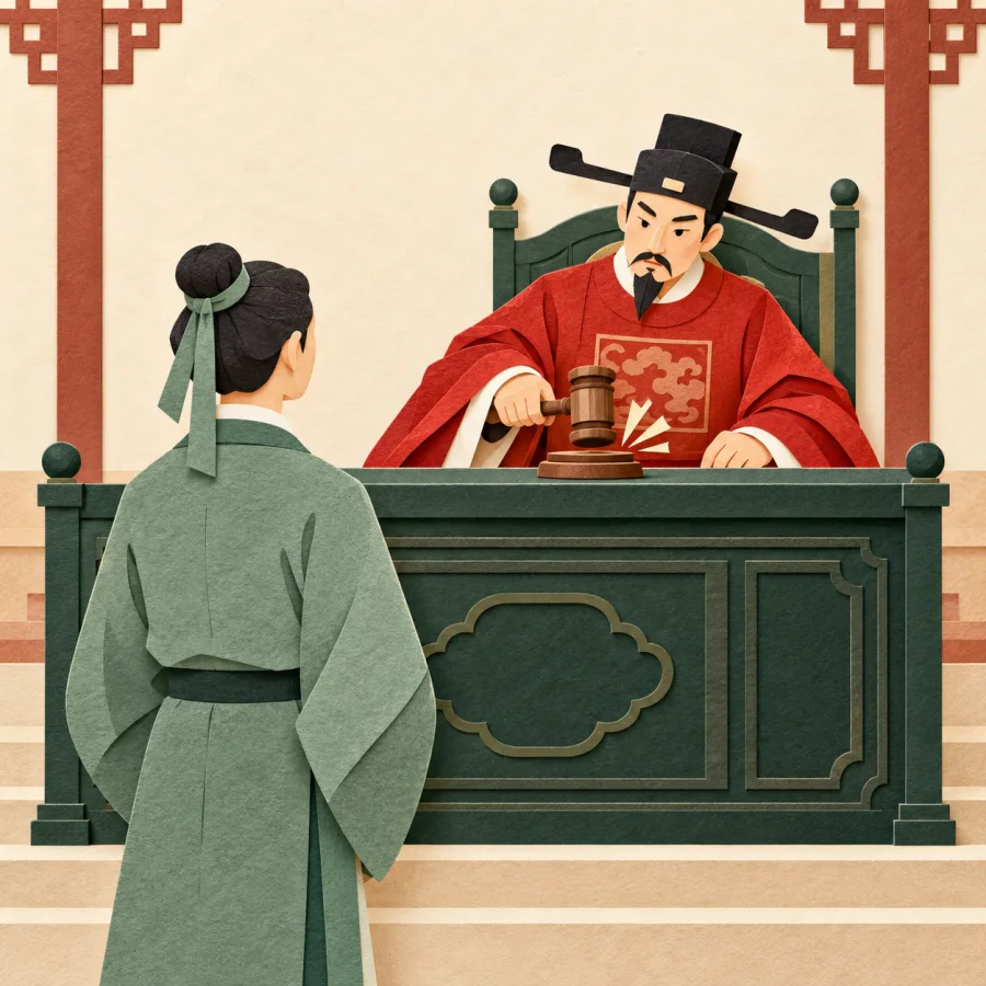 A judge strikes a gavel at the bench while a person stands before him