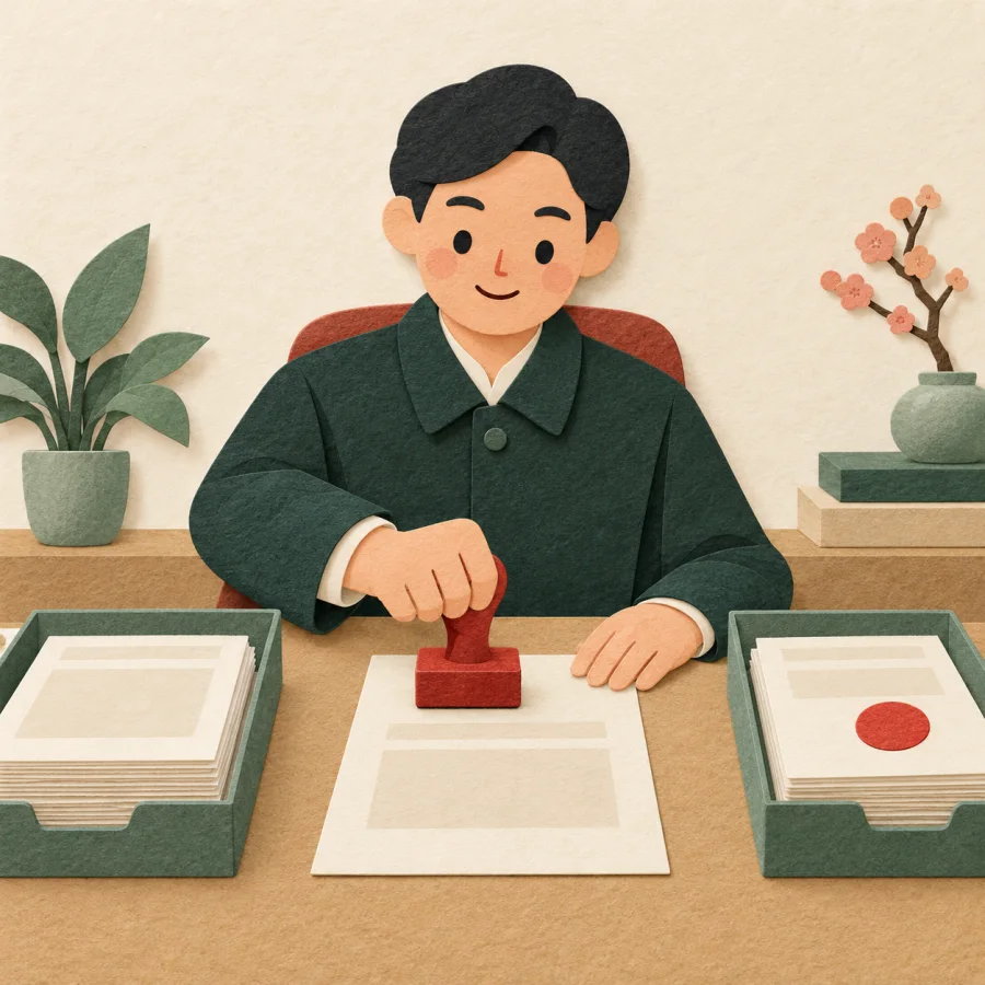 A person stamps an official application beside a tray of stacked papers
