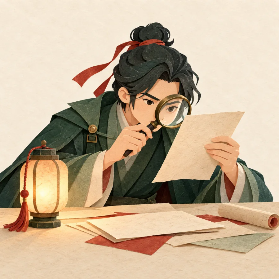 A detective examines documents closely with a magnifying glass.