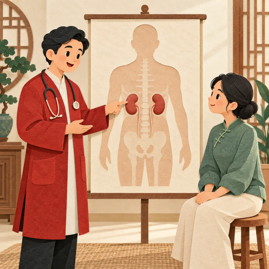 A doctor points at a body chart while the patient listens.