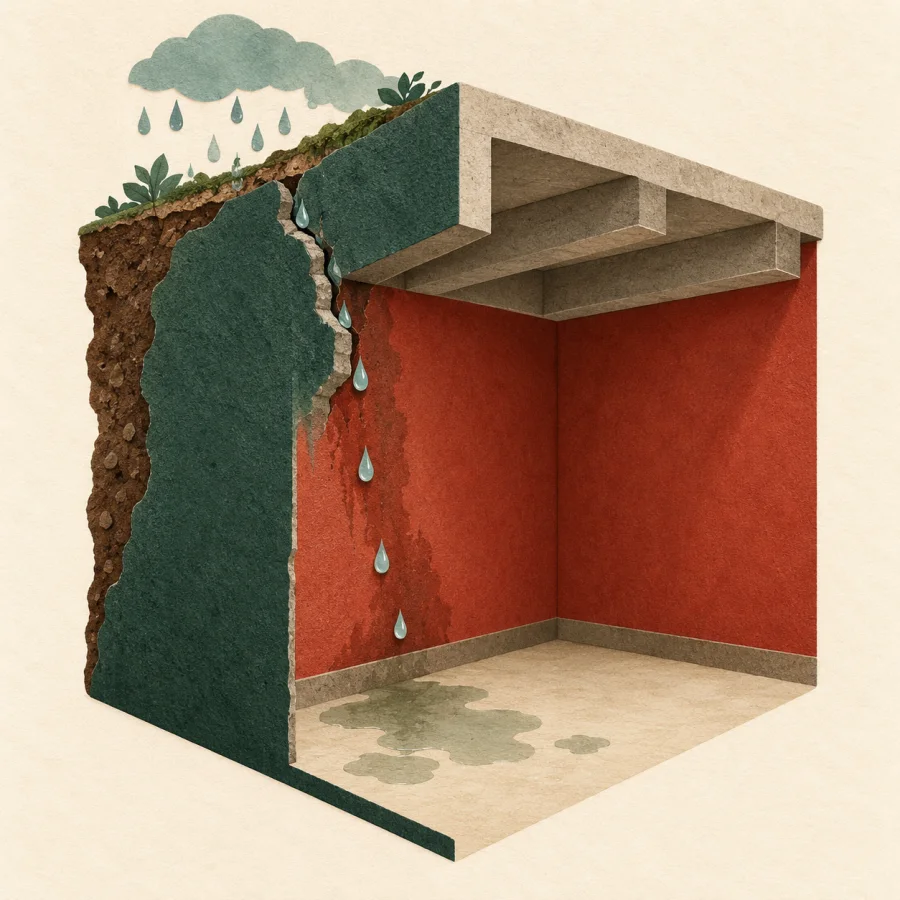 Raindrops seep through a cracked wall into a basement