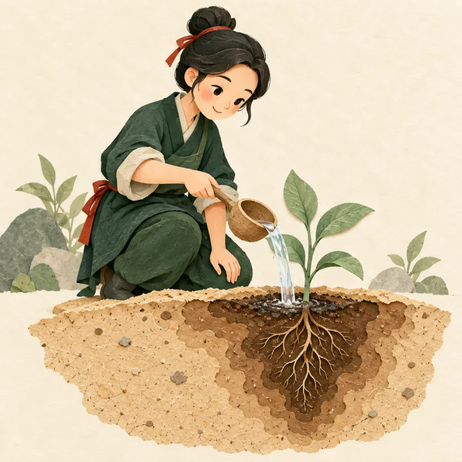 A gardener waters soil as moisture soaks downward through the earth.