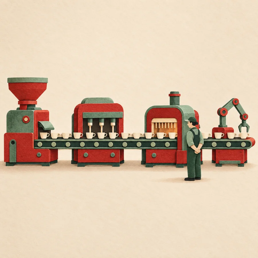 A factory production line of linked conveyor machines and an inspector