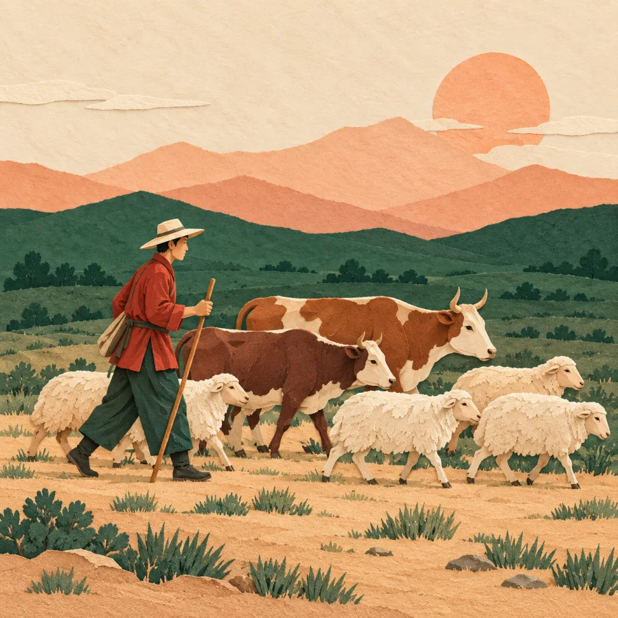 A herder leads a herd of cattle and sheep across a green meadow