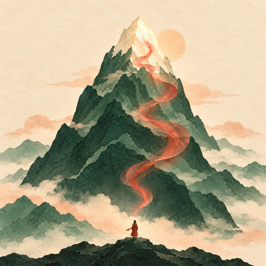 A figure beneath a tall mountain as red mist rises toward the peak
