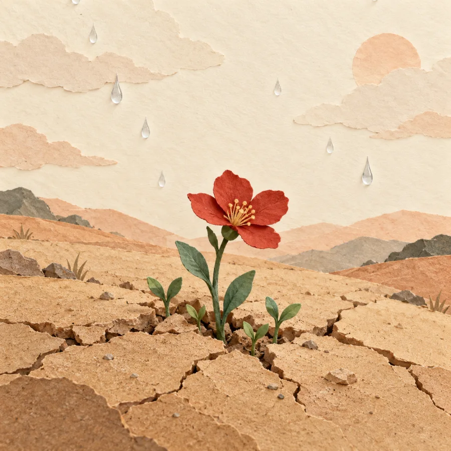 Green sprouts and one red flower breaking through dry earth