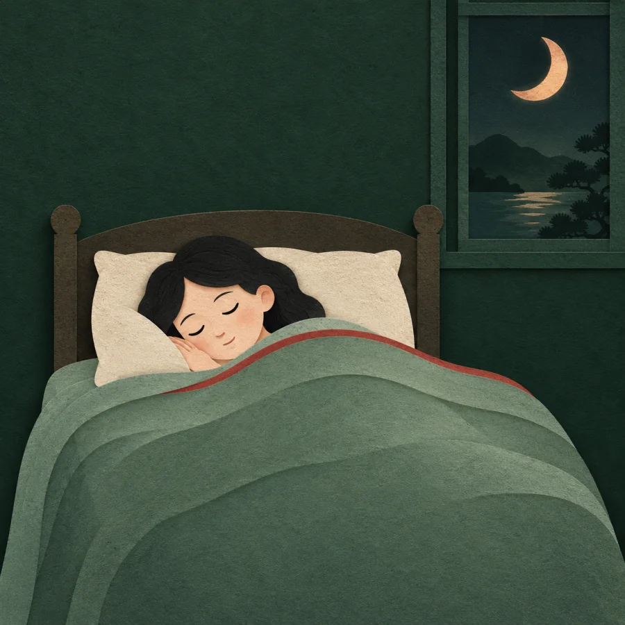 A sleeping person under a window with a rising moon