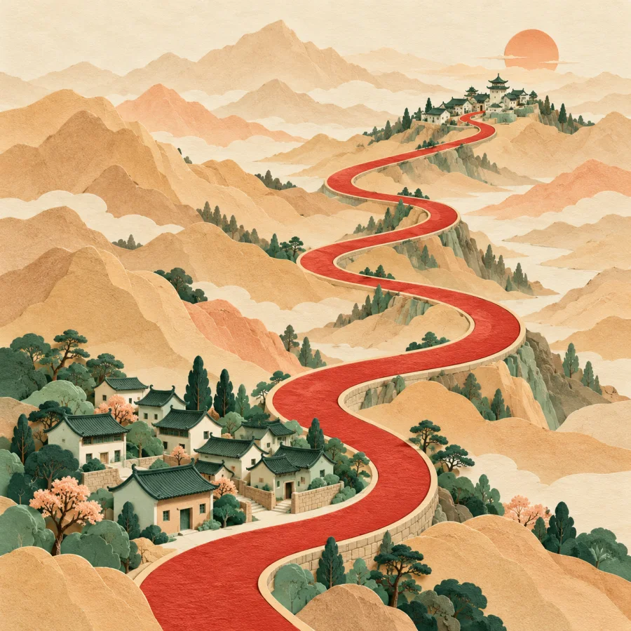 A winding road linking a remote village to a distant town