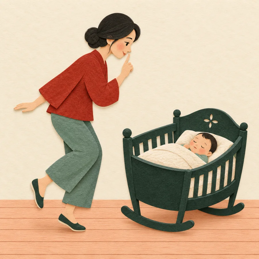 A person tiptoeing carefully past a sleeping baby