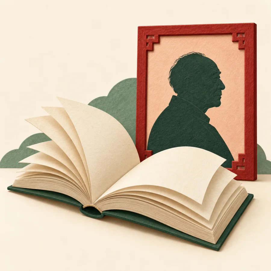 An open book beside a framed portrait of a man