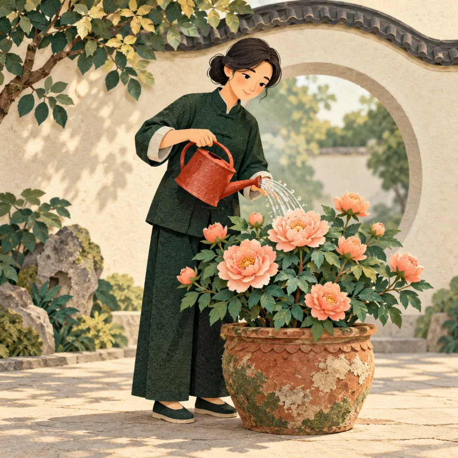 A person watering flowers an elderly woman once planted