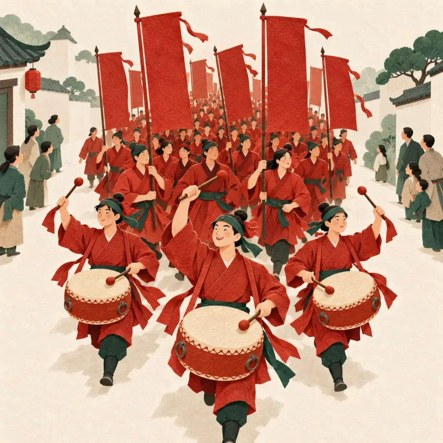 A large crowd marches with red banners through the street with great momentum