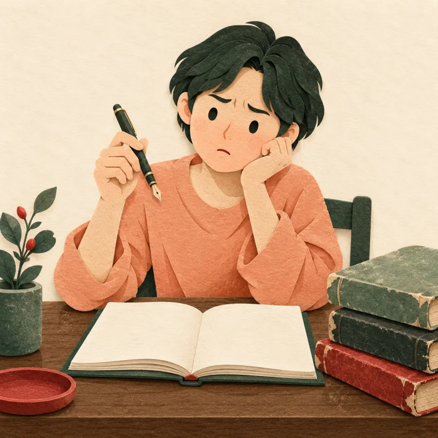A bespectacled person looks confusedly at forgotten handwriting notebooks