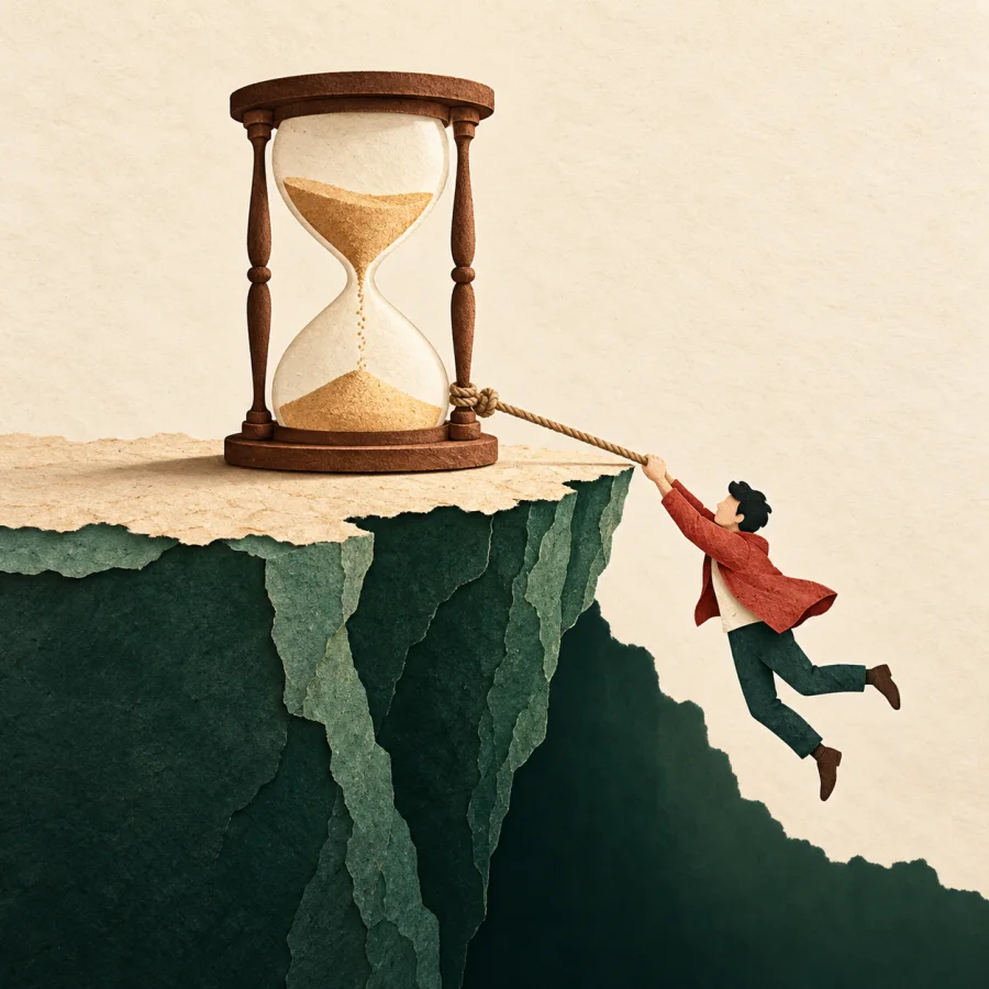 A clock beside a person climbing up a rope
