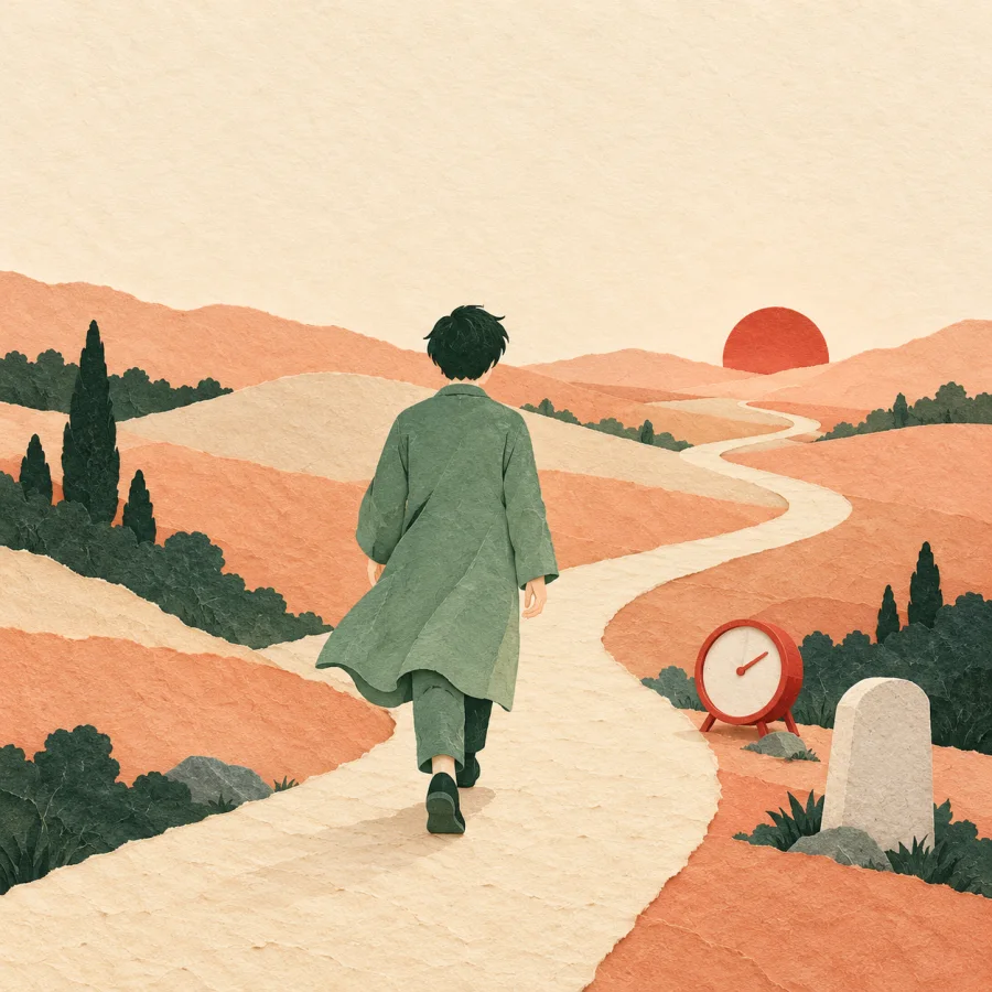 A person walks a long winding path across hills with a clock nearby