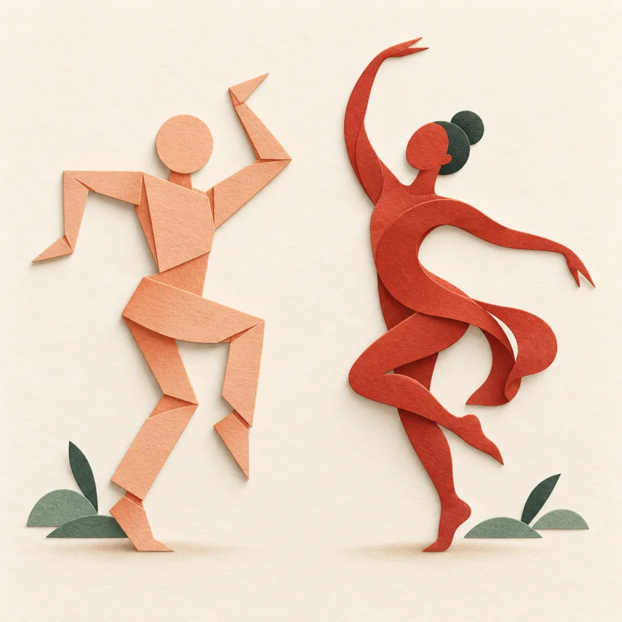 One stiff angular figure next to a smoothly flowing curved figure