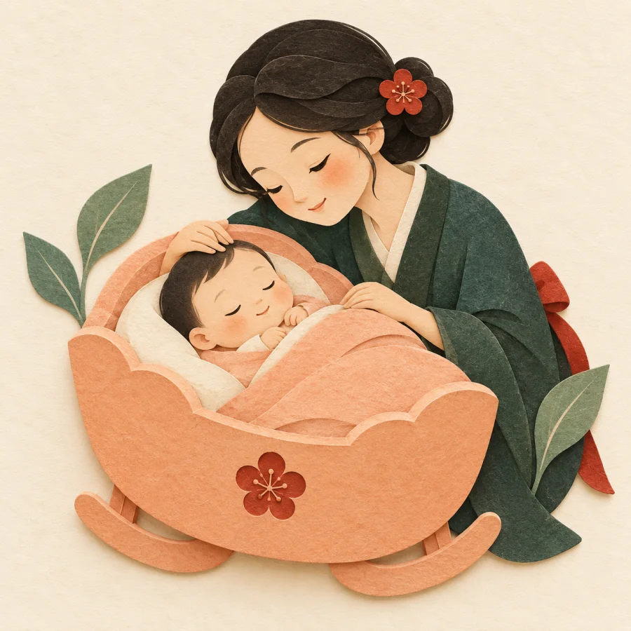 An adult leans over a cradle with a sleeping baby inside