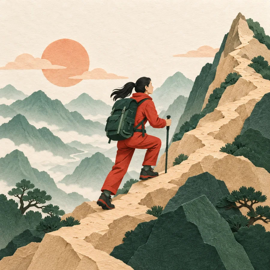 Seorang pendaki menyusuri jalur gunung