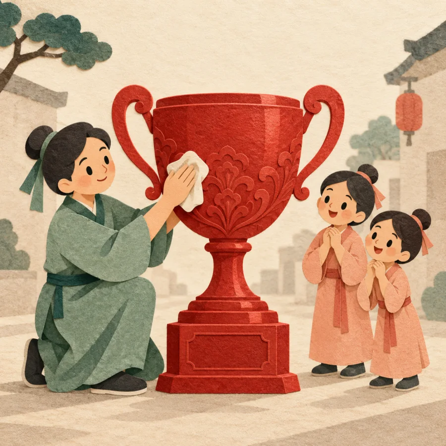 A person polishes a large red trophy while people watch approvingly