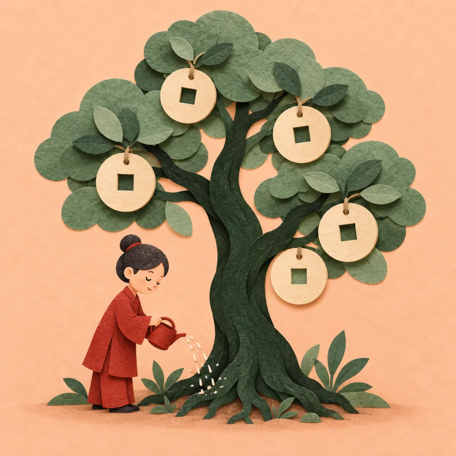 A person waters a tree bearing coins as fruit on its branches