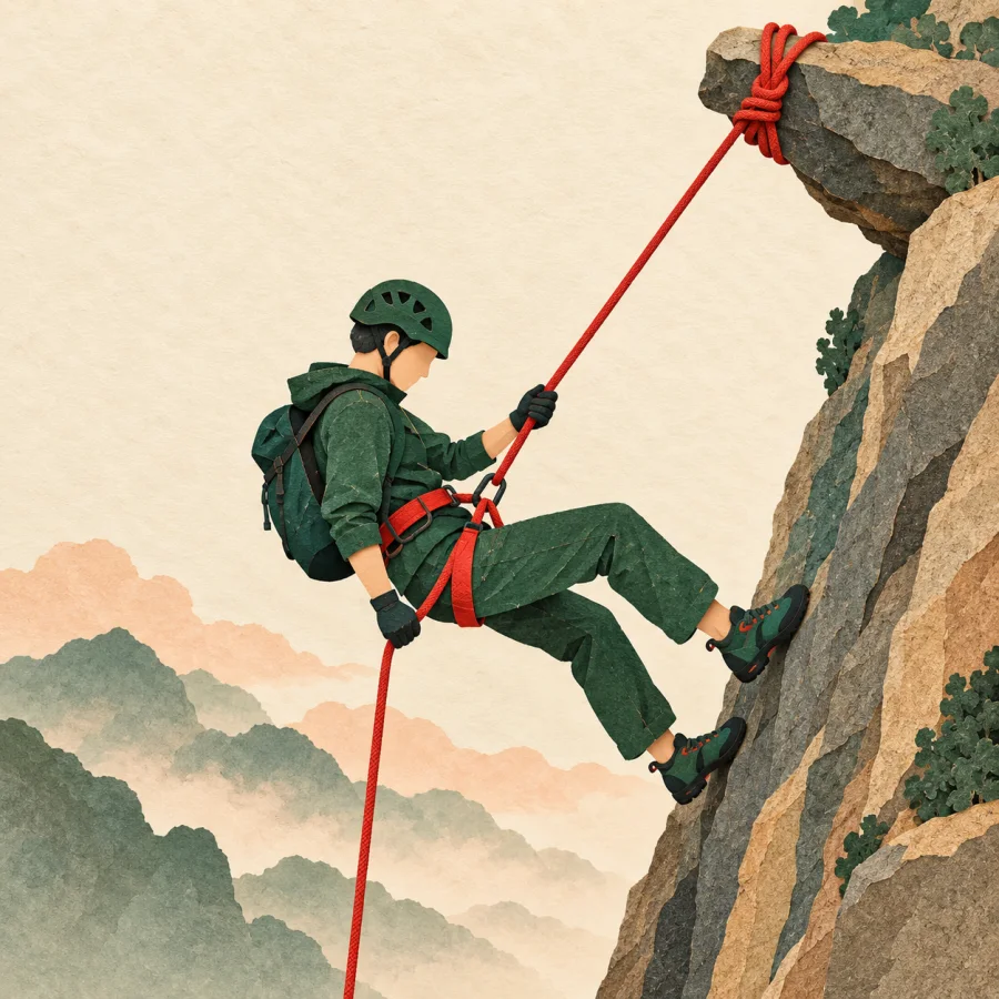 A climber descends a cliff holding a red rope