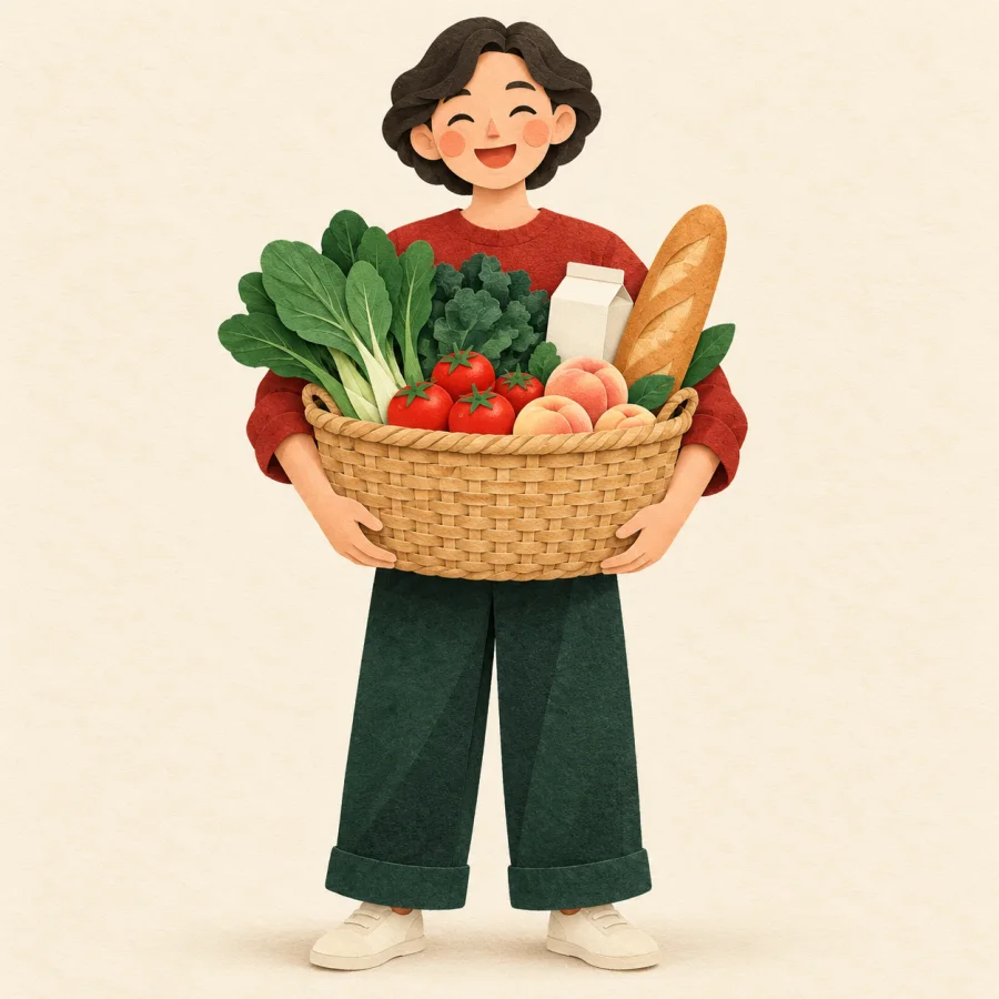 A person carries one large basket full of groceries