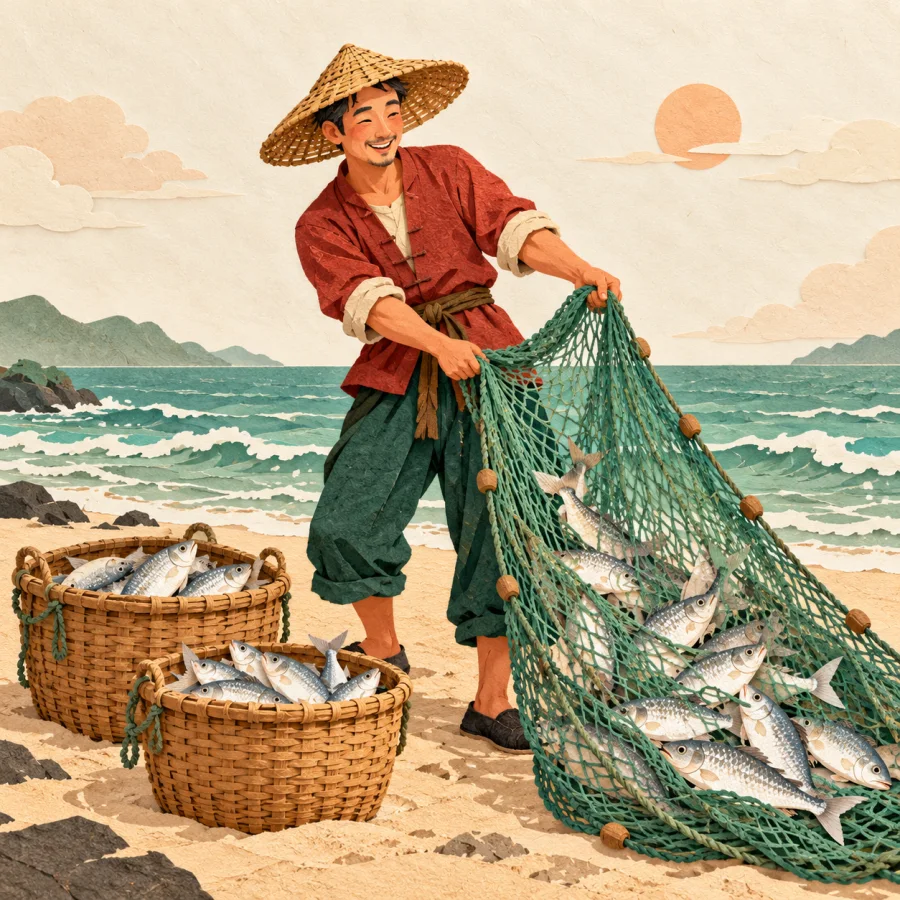 A fisherman unloads full baskets of fish on a shore
