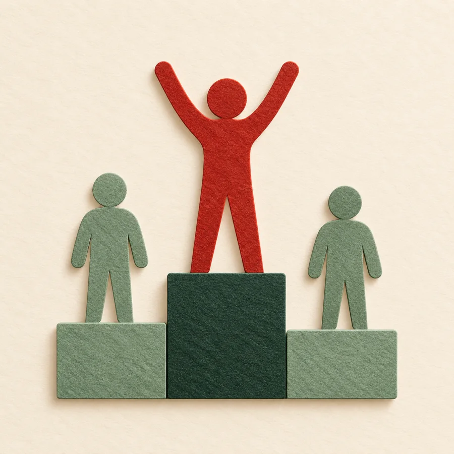 A person stands on the top step of a podium, two figures stand lower