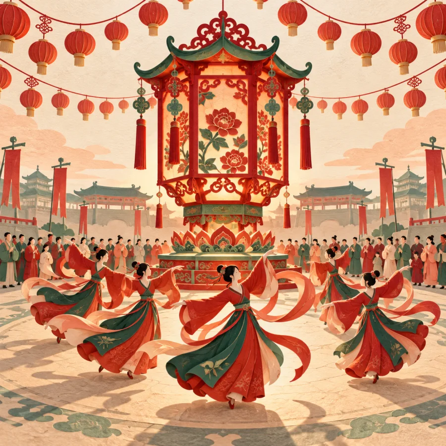 A grand city celebration with lanterns and dancers on a square