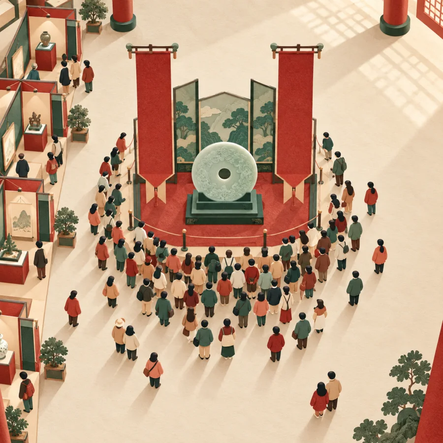 Crowds gather around a large stand in an exhibition hall