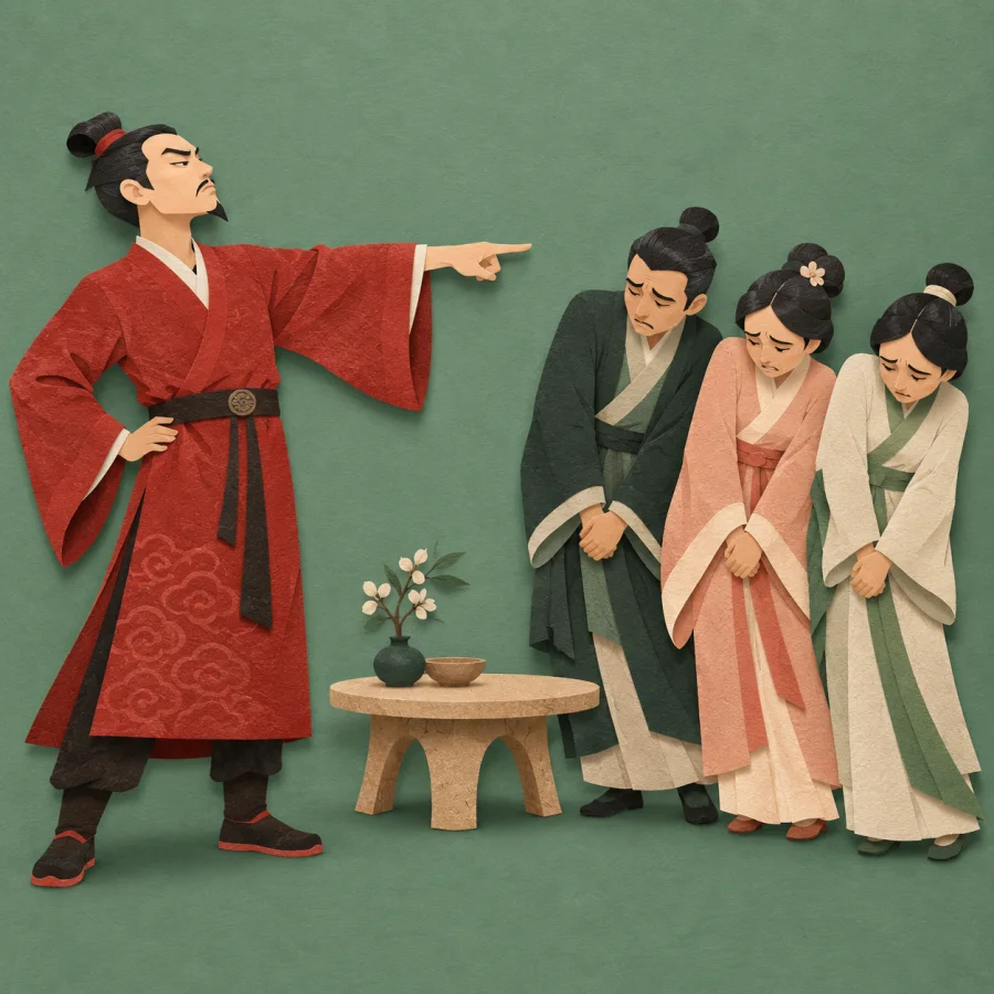 A man points his finger while three people lean away