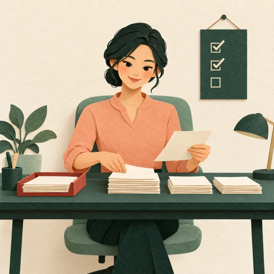 A confident worker at a desk handling tasks with ease
