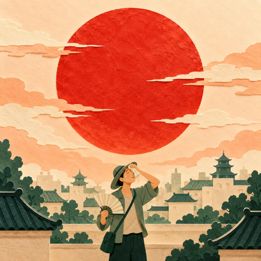 A blazing sun over city rooftops on a hot day