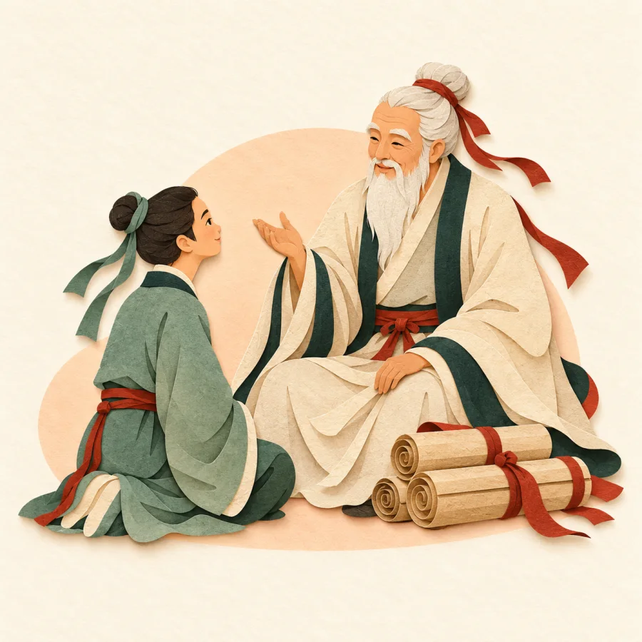 A student listens to an old sage near scrolls