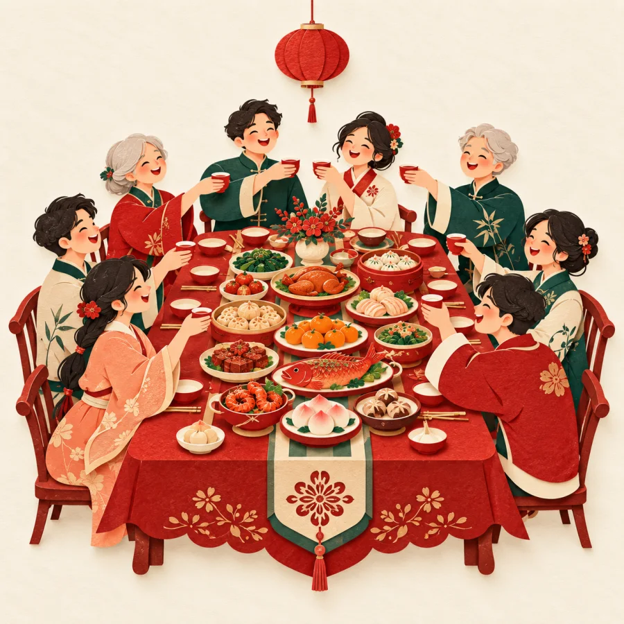 People share a lavish banquet table together
